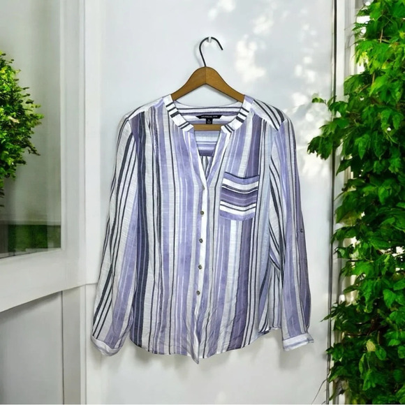 ZAC & RACHEL Artsy Purple Striped Button Down Casual Boho Blouse - Picture 1 of 9